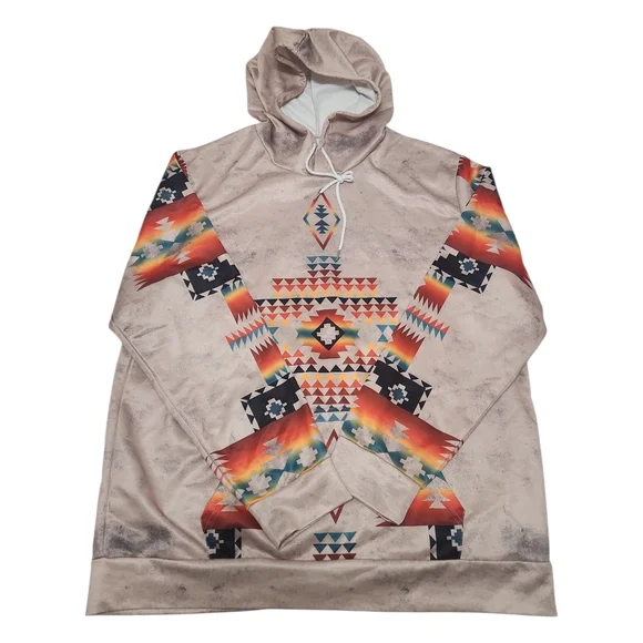 NWOT Men's Southwestern Aztec Native Tribal Geometric Distressed Hoodie Size XXL - Picture 3 of 14